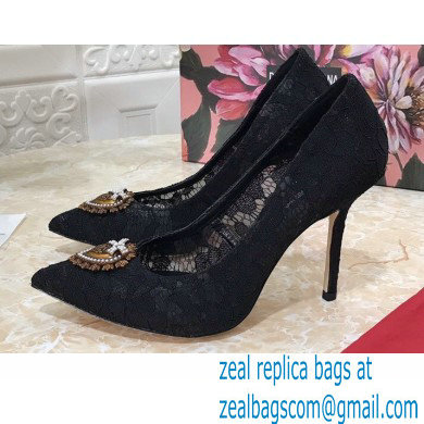 Dolce & Gabbana Heel 10.5cm Taormina Lace Pumps Black with Devotion Heart 2021 - Click Image to Close